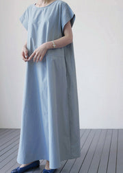 Blue O-Neck Patchwork Solid Maxi Dress Short Sleeve