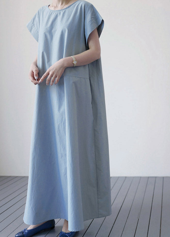 Blue O-Neck Patchwork Solid Maxi Dress Short Sleeve