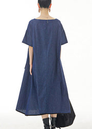 Blue O-Neck Solid Cotton Maxi Dress Short Sleeve