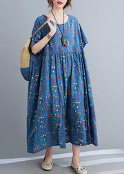Blue O-Neck Wrinkled Maxi Dress Summer
