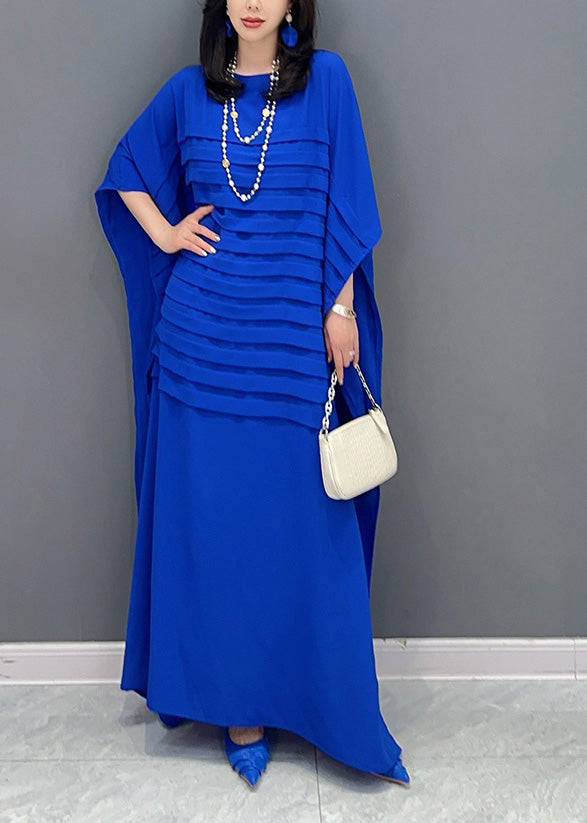 Blue O-Neck Wrinkled Solid Loose Dress Summer