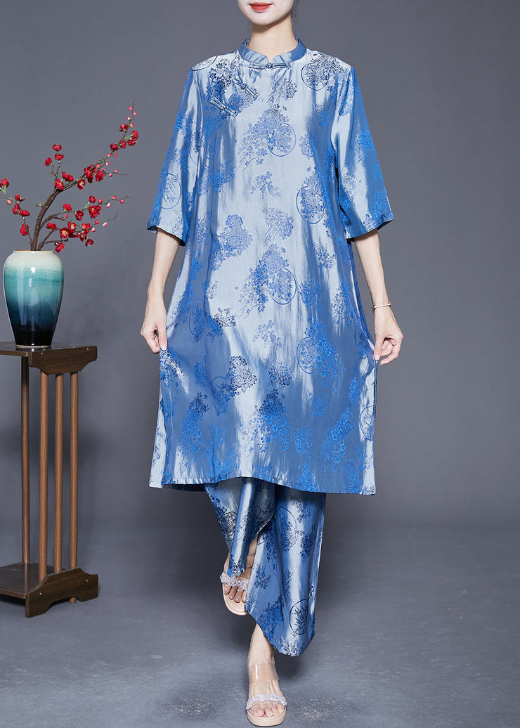 Blue Oriental Silk Two Piece Set Mandarin Collar Jacquard Summer