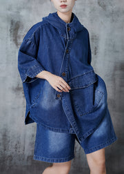 Blue Oversized Denim Hooded Two Pieces Set Asymmetrical Spring