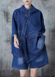 Blue Oversized Denim Hooded Two Pieces Set Asymmetrical Spring