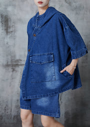 Blue Oversized Denim Hooded Two Pieces Set Asymmetrical Spring