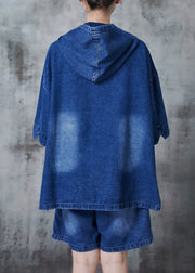 Blue Oversized Denim Hooded Two Pieces Set Asymmetrical Spring