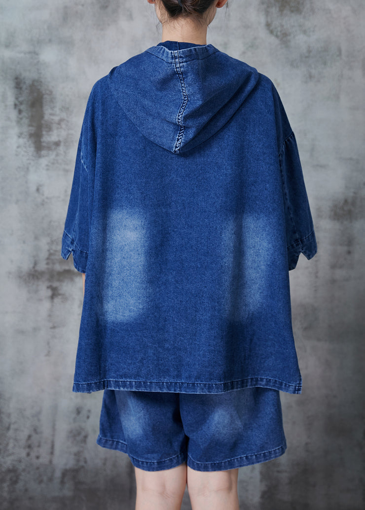 Blue Oversized Denim Hooded Two Pieces Set Asymmetrical Fall