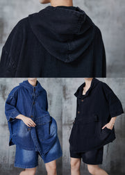 Blue Oversized Denim Hooded Two Pieces Set Asymmetrical Spring