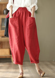 Blue Oversized Linen Crop Pants Elastic Waist Big Pockets Spring