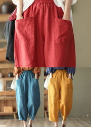 Blue Oversized Linen Crop Pants Elastic Waist Big Pockets Spring