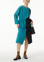 Blue Patchwork Cotton Cinched Dress Oversized Side Open Spring