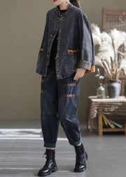 Blue Patchwork Cotton Denim Coats Stand Collar Oriental Button Fall