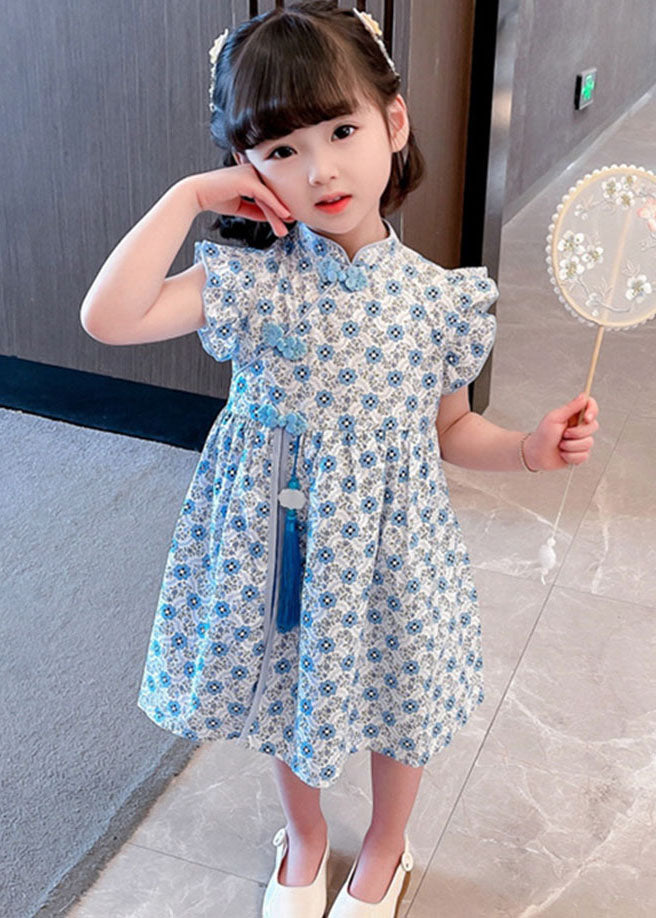 Blue Patchwork Cotton Kids Girls Dresses Tasseled Stand Collar Summer