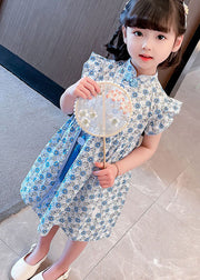 Blue Patchwork Cotton Kids Girls Dresses Tasseled Stand Collar Summer