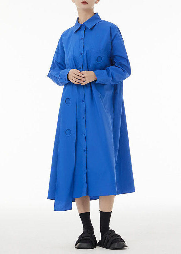 Blue Patchwork Cotton Shirt Dress Peter Pan Collar Button Spring