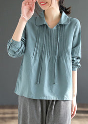 Blue Patchwork Cotton Shirt Tops Peter Pan Collar Wrinkled Long Sleeve