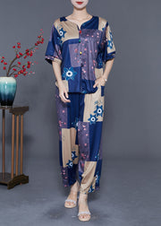 Blue Patchwork Cotton Two-Piece Set Oversized Print Summer