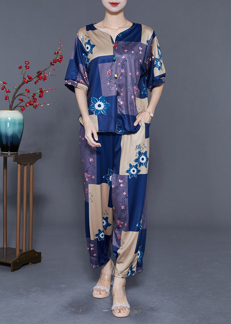 Blue Patchwork Cotton Two-Piece Set Oversized Print Summer