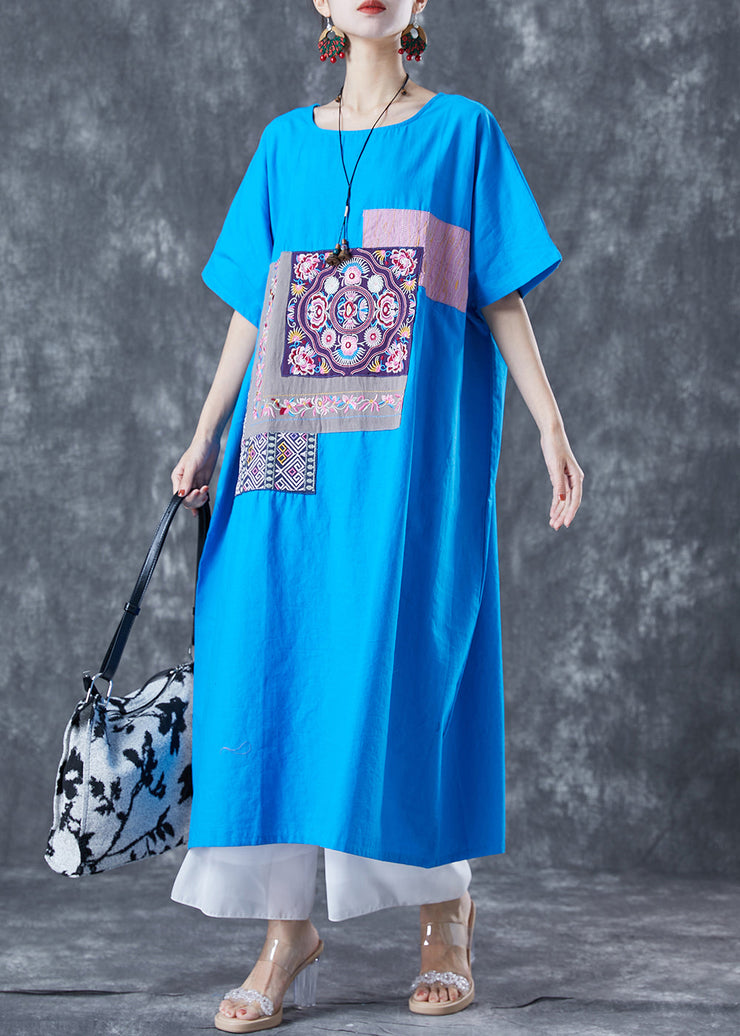 Blue Patchwork Cotton Vacation Dresses Embroideried Applique Summer