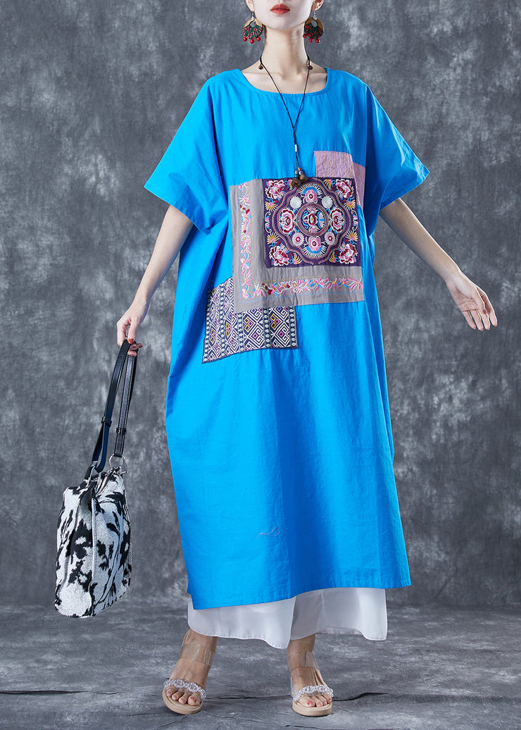 Blue Patchwork Cotton Vacation Dresses Embroideried Applique Summer