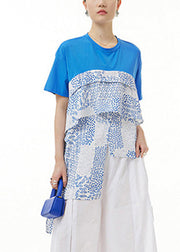 Blue Patchwork Cozy T Shirt Short Sleeve