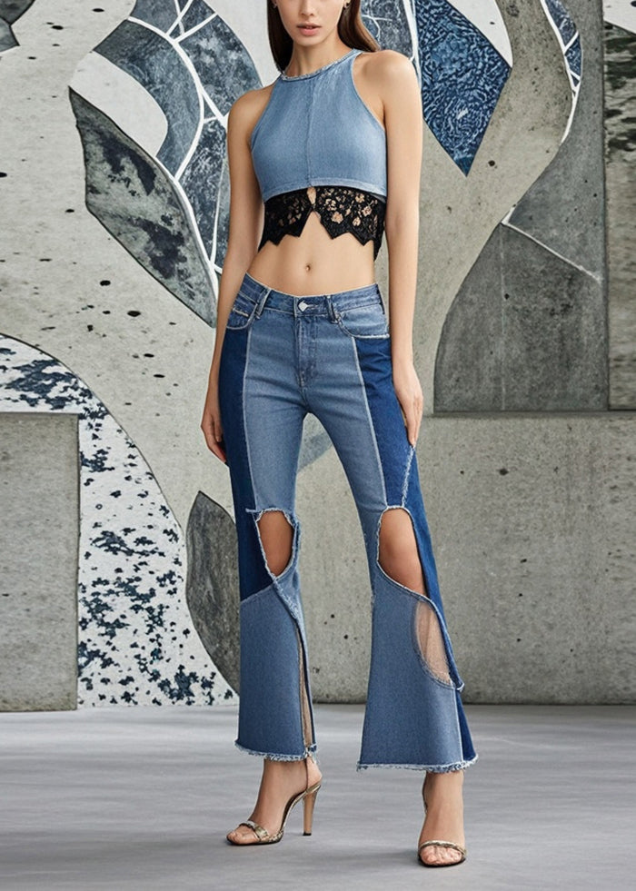 Blue Patchwork Denim Bell-bottom Pants Hollow Out Spring