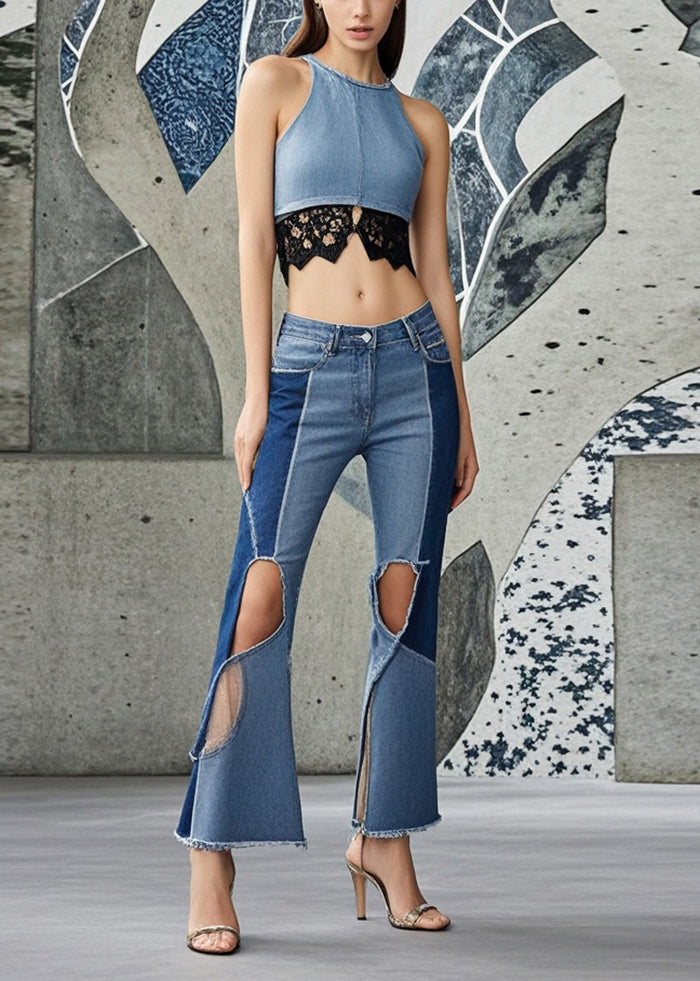 Blue Patchwork Denim Bell-bottom Pants Hollow Out Fall