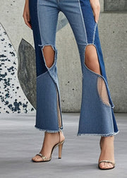 Blue Patchwork Denim Bell-bottom Pants Hollow Out Spring