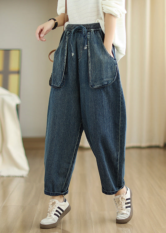 Blue Patchwork Denim Harem Pants Oversized Pockets Spring