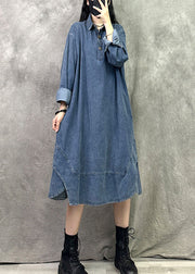 Blue Patchwork Denim Shirts Dresses Peter Pan Collar Long Sleeve