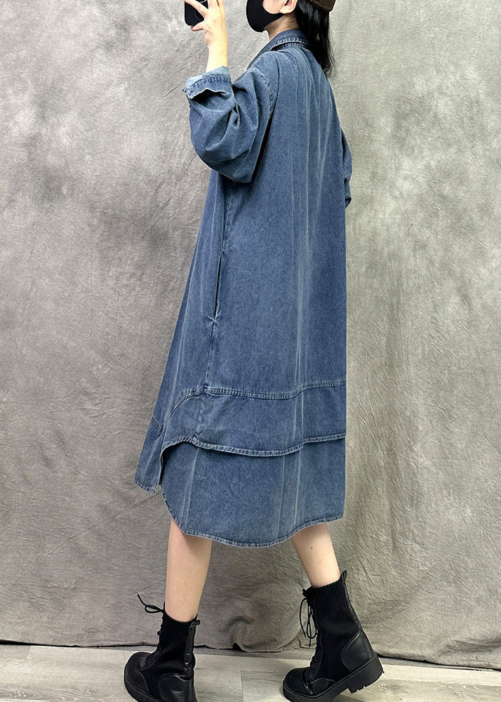 Blue Patchwork Denim Shirts Dresses Peter Pan Collar Long Sleeve