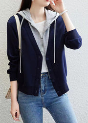 Blue Patchwork False Two Pieces Cotton Hoodie Coat Zip Up Fall