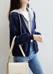 Blue Patchwork False Two Pieces Cotton Hoodie Coat Zip Up Fall