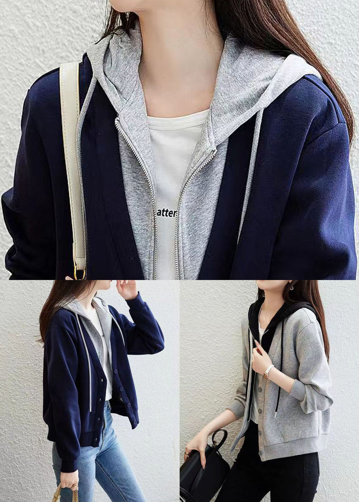 Blue Patchwork False Two Pieces Cotton Hoodie Coat Zip Up Fall