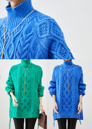 Blue Patchwork Knit Short Sweater Oversized Drawstring Winter