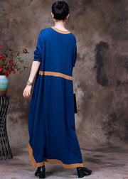 Blue Patchwork Knit Vacation Dresses Asymmetrical Long Sleeve