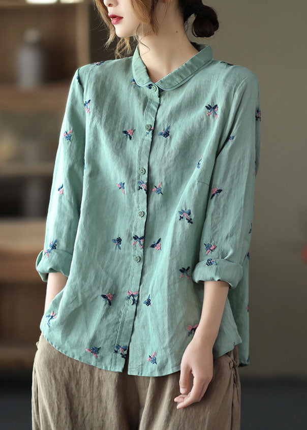 Blue Patchwork Linen Blouse Tops Print Button Long Sleeve