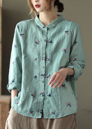 Blue Patchwork Linen Blouse Tops Print Button Long Sleeve