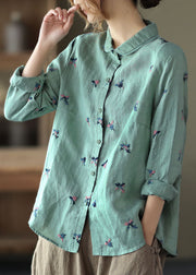 Blue Patchwork Linen Blouse Tops Print Button Long Sleeve