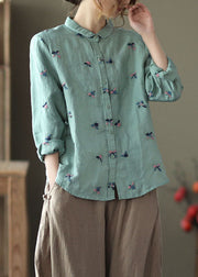 Blue Patchwork Linen Blouse Tops Print Button Long Sleeve