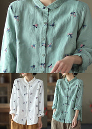 Blue Patchwork Linen Blouse Tops Print Button Long Sleeve