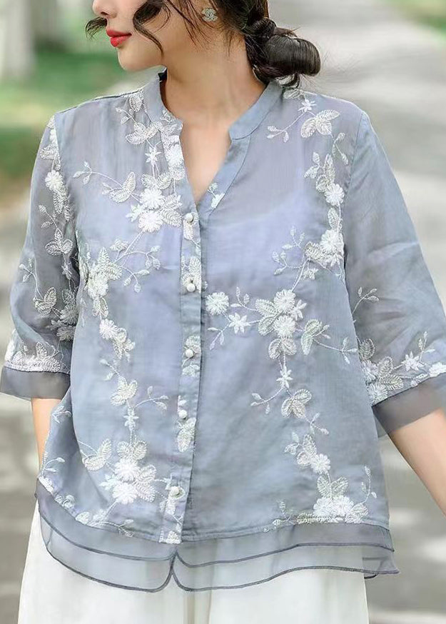 Blue Patchwork Linen Blouse Tops Embroidered V Neck Summer