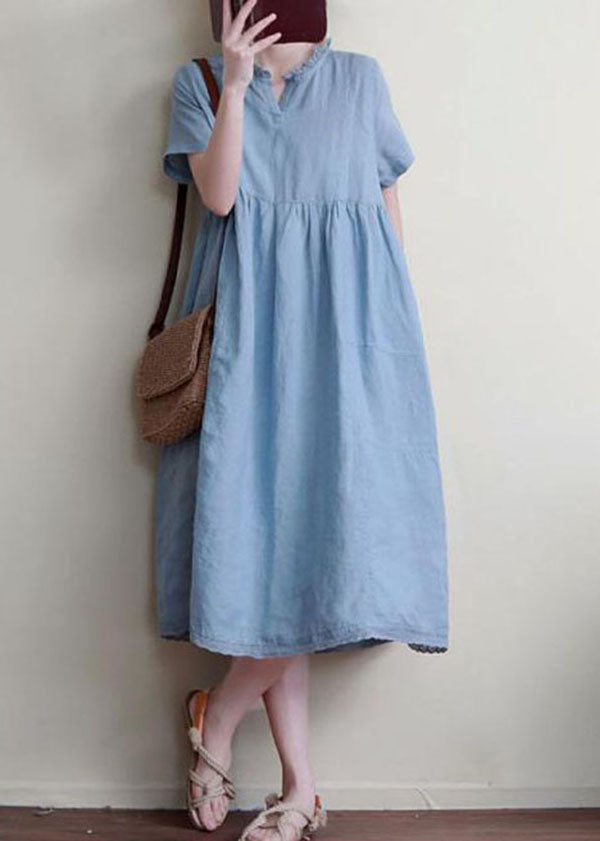 Blue Patchwork Linen Dresses Ruffled Short Sleeve