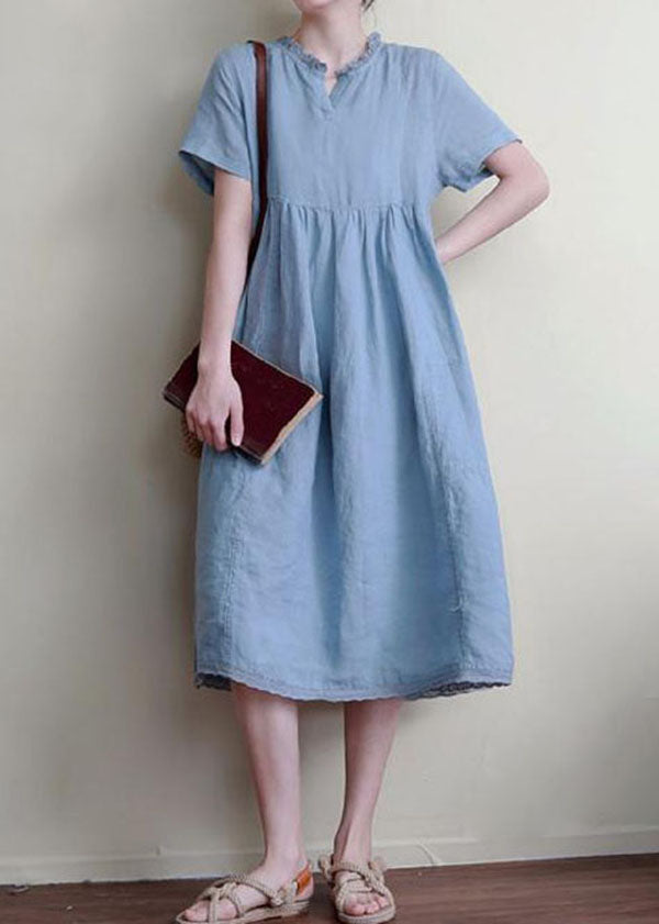 Blue Patchwork Linen Dresses Ruffled Short Sleeve