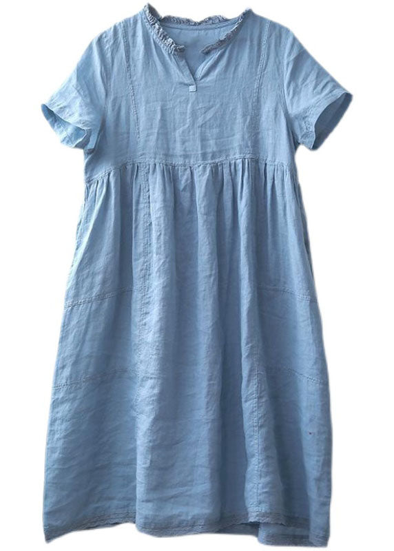 Blue Patchwork Linen Dresses Ruffled Short Sleeve