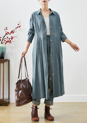 Blue Patchwork Linen Shirt Dress Peter Pan Collar Fall