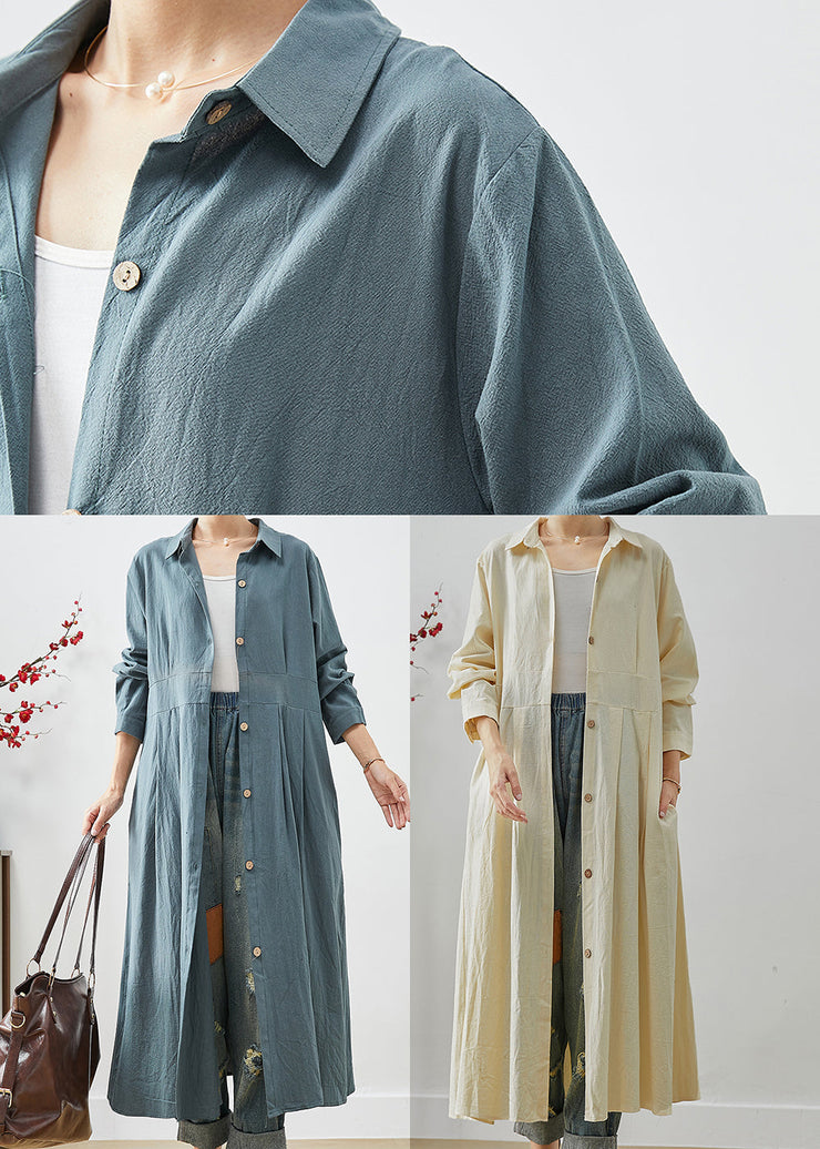 Blue Patchwork Linen Shirt Dress Peter Pan Collar Fall