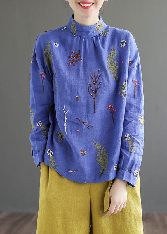 Blue Patchwork Linen Shirt Tops Embroidered Stand Collar Long Sleeve