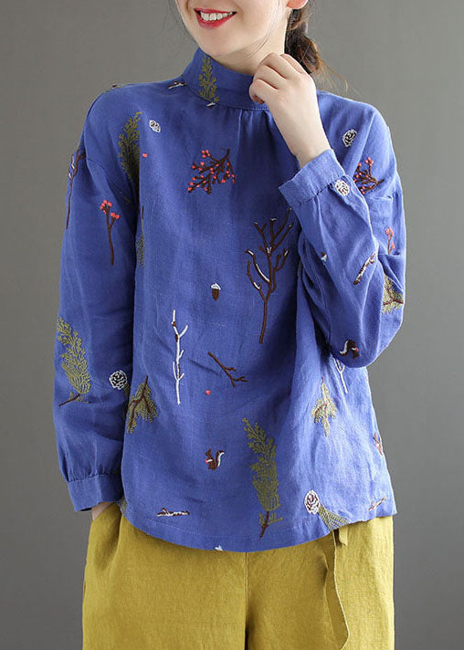 Blue Patchwork Linen Shirt Tops Embroidered Stand Collar Long Sleeve