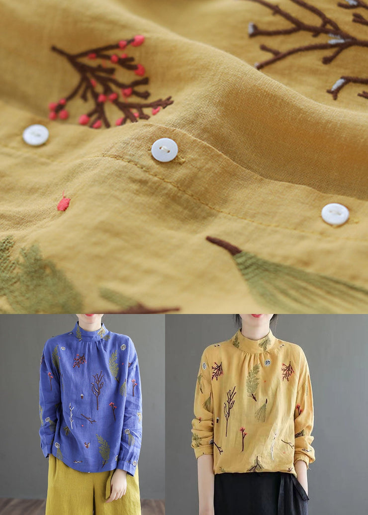 Blue Patchwork Linen Shirt Tops Embroidered Stand Collar Long Sleeve